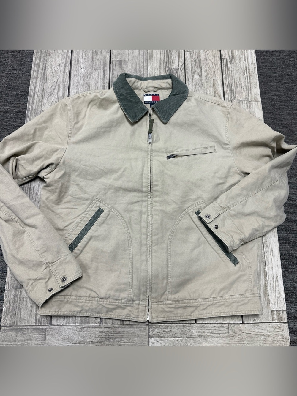 Vintage 2004 Tommy Hilfiger Tan canvas work jacket Corduroy Collar Large Preppy